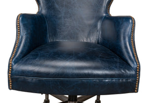 Sarreid Andrew Jackson Desk Chair In Elegant Chateau Blue - Luxurious Cowhide Leather & Sturdy Metal Frame Blue  30613