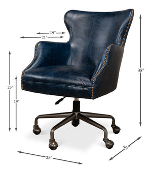 Sarreid Andrew Jackson Desk Chair In Elegant Chateau Blue - Luxurious Cowhide Leather & Sturdy Metal Frame Blue  30613