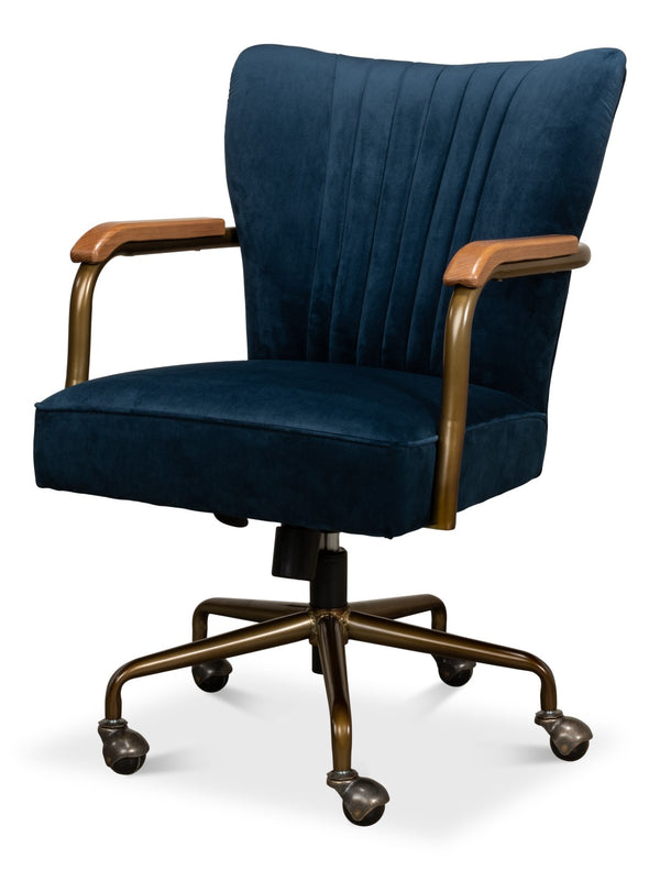 Sarreid Brooks Swivel Chair - Elegant Oak Frame, Luxurious Ocean Blue Velvet, Stylish Metal Base For Comfort Blue  30615
