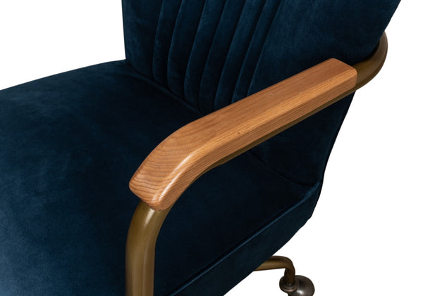 Sarreid Brooks Swivel Chair - Elegant Oak Frame, Luxurious Ocean Blue Velvet, Stylish Metal Base For Comfort Blue  30615