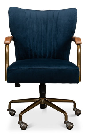Sarreid Brooks Swivel Chair - Elegant Oak Frame, Luxurious Ocean Blue Velvet, Stylish Metal Base For Comfort Blue  30615