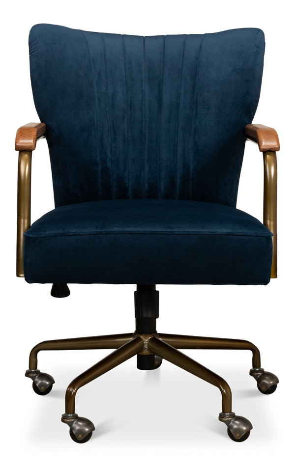 Sarreid Brooks Swivel Chair - Elegant Oak Frame, Luxurious Ocean Blue Velvet, Stylish Metal Base For Comfort Blue  30615