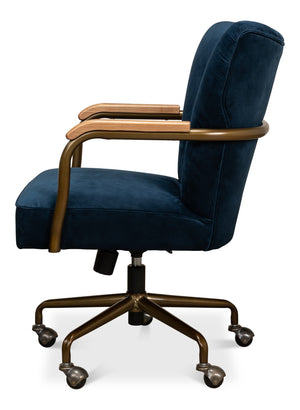 Sarreid Brooks Swivel Chair - Elegant Oak Frame, Luxurious Ocean Blue Velvet, Stylish Metal Base For Comfort Blue  30615