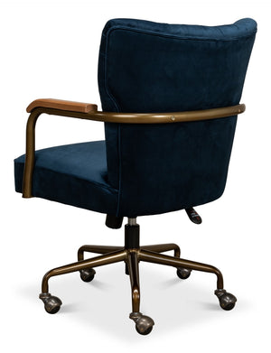 Sarreid Brooks Swivel Chair - Elegant Oak Frame, Luxurious Ocean Blue Velvet, Stylish Metal Base For Comfort Blue  30615