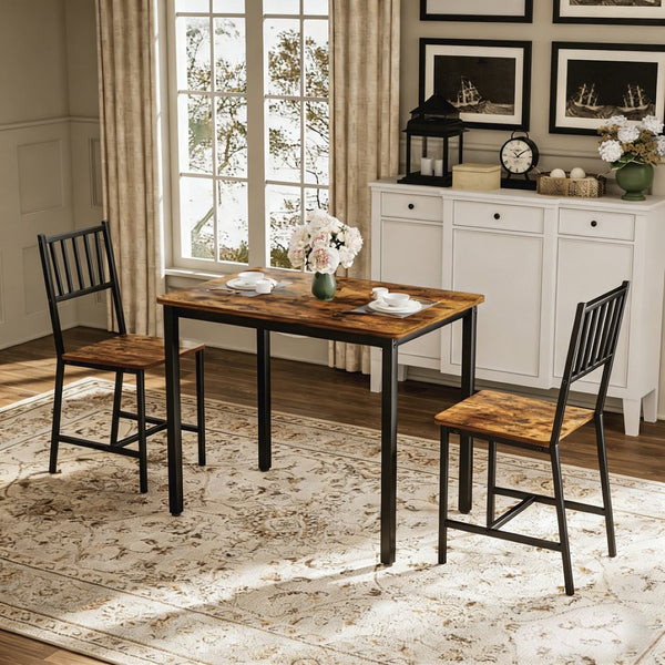 English Elm Dining Table Set 3 Piece Industrial Steel Frame with Melamine Top for Kitchen Nook Rustic Brown W1162P424861