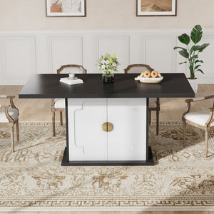English Elm 63" Rectangular Matte Black Dining Table Pedestal Base with Shelves Seats Six White+Black T5618P448241