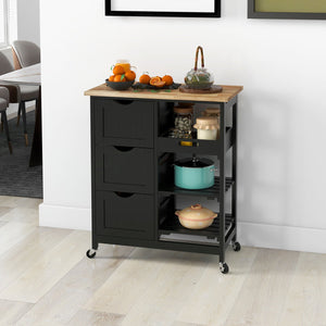 English Elm HOMCOM Rolling Kitchen Island Cart with Butcher Block Top, 3 Drawers, Shelves & 360° Wheels (Black) W2225P217389