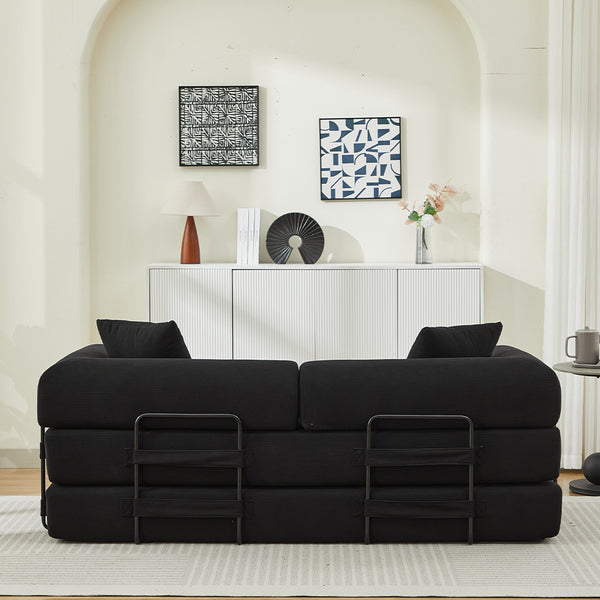 English Elm Folding Sofa Bed Corduroy 3-Seater Convertible Couch Bed with Foam Spring Mattress and Pillows for Living Room Black W2915P343896