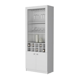 English Elm White Bar Cabinet With Wine Racks, Three Shelves & Concealed Storage For Modern Home Entertaining B062P193658-GIGA