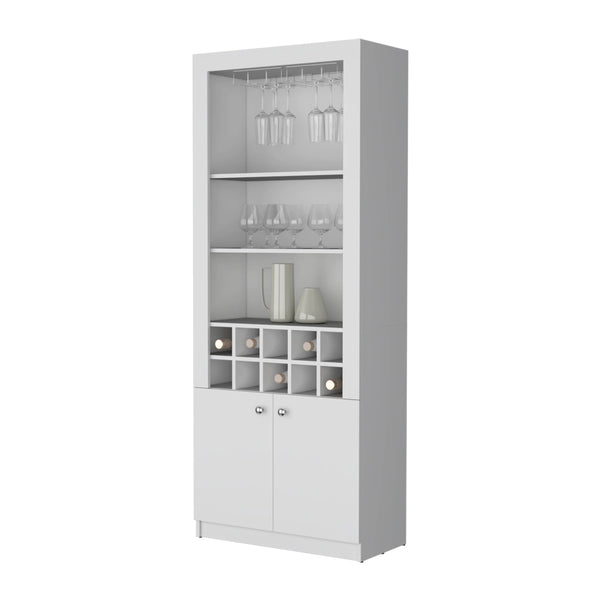 English Elm White Bar Cabinet With Wine Racks, Three Shelves & Concealed Storage For Modern Home Entertaining B062P193658-GIGA