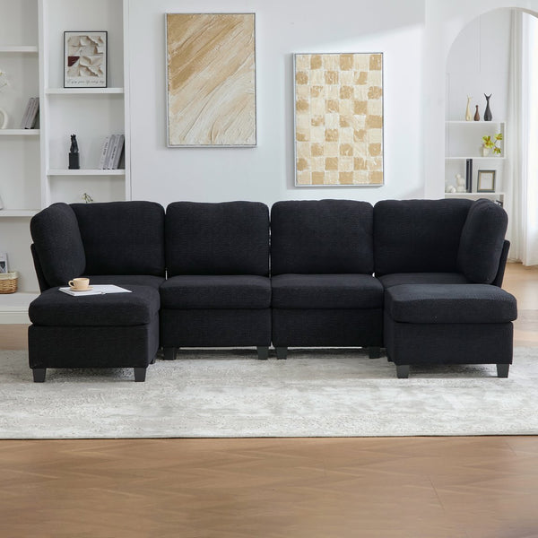 English Elm UNITED Modular 6-Seat Sectional Sofa with Removable Ottoman, Storage Compartments, Convertible Comfort Black W1568S00243