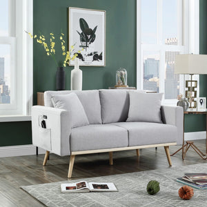 English Elm Elio Mid-century Linen Loveseat with Usb Ports Side Pockets and Tapered Wood Legs Light Gray B2749P413346