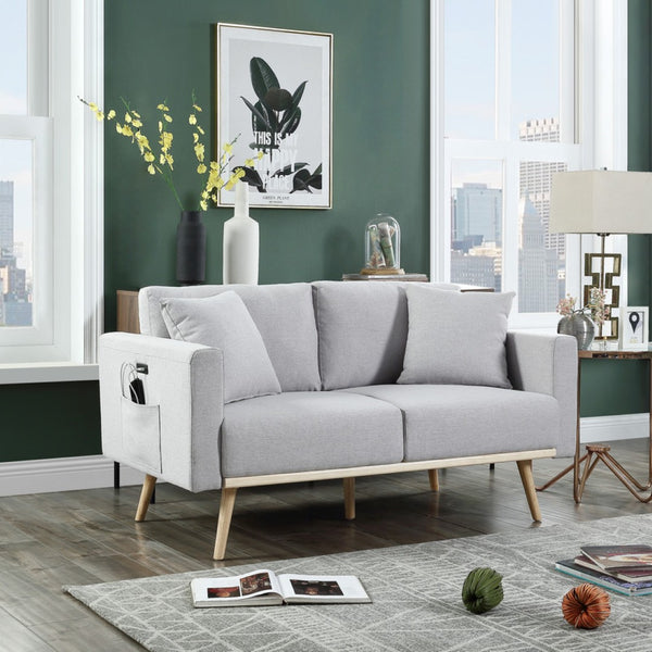 English Elm Elio Mid-century Linen Loveseat with Usb Ports Side Pockets and Tapered Wood Legs Light Gray B2749P413346