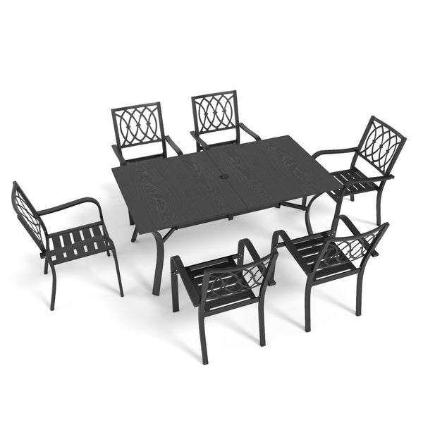 English Elm 7-piece Outdoor Steel Dining Set with Wood-grain Table Umbrella Hole and Slat Chairs W3979S00052