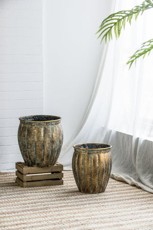 English Elm Set of 2 Distressed Iron Planters with Golden Patina for Indoor Outdoor Decor W2078P498286