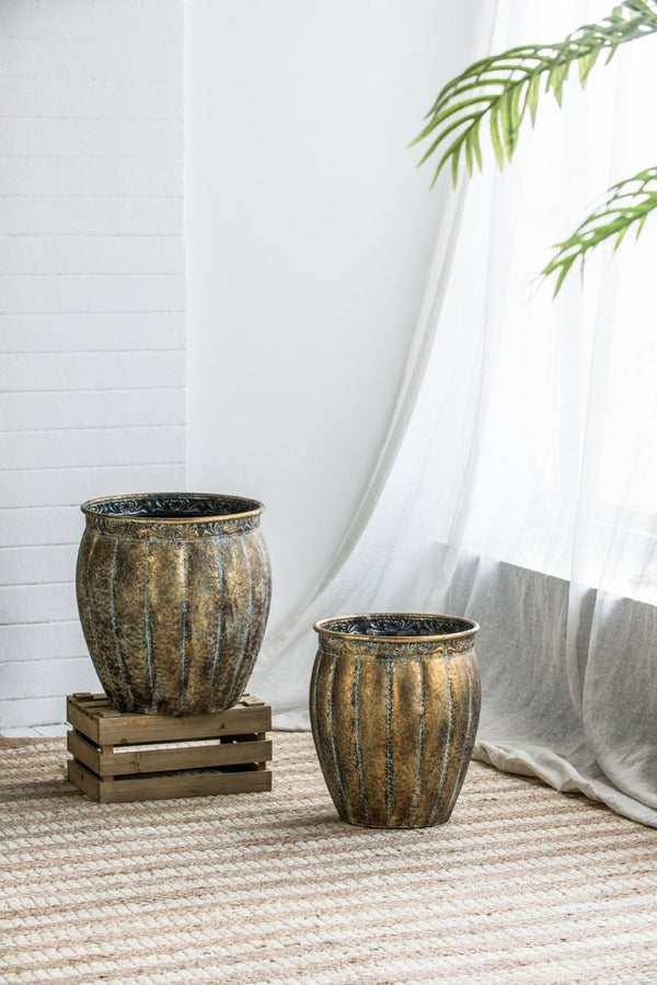 English Elm Set of 2 Distressed Iron Planters with Golden Patina for Indoor Outdoor Decor W2078P498286