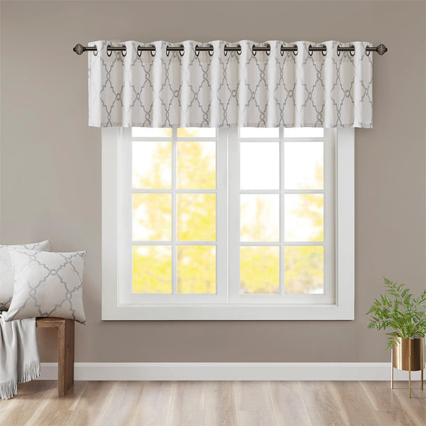 JLA Home Madison Park - Fretwork Metallic Fretwork Print Valance with Grommet Top — Textured Cotton-Blend Light Filter Ivory/Grey MP41-2399