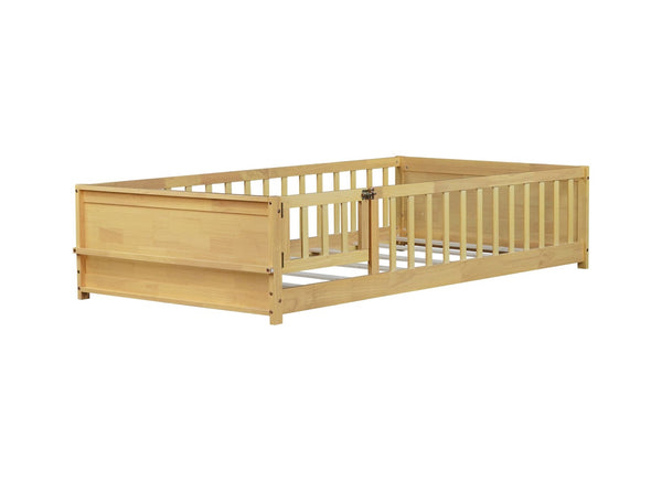 English Elm Twin Size Floor Bed With Book Rack & Fenced Door For Cozy Playtime, Natural Finish Design & Assembly W504P345771-GIGA