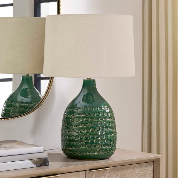 Uttermost Breya Glazed Ceramic Table Lamp with Linen Shade and Brass Accents