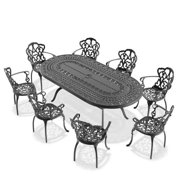 English Elm 9-piece Cast Aluminum Outdoor Dining Set Carved European Style Oval Table for 8 W1710S00659