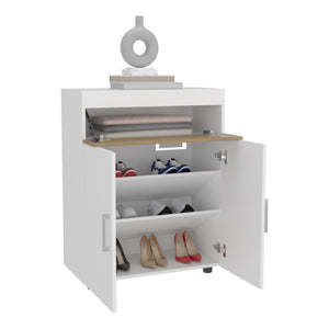 English Elm Belton Freestanding Shoe Cabinet with Double Doors and 5 Shelves, Concealed Storage for 12 Pairs, White Oak Finish B070P337105