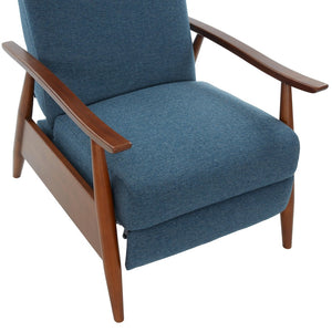 English Elm Tustin Mid-century Push Back Recliner with Chestnut Wood Arms and Performance Fabric Blue B050P429144