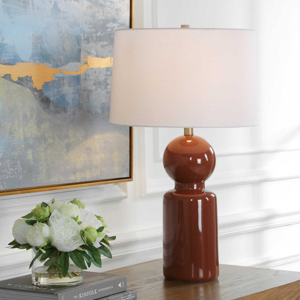 Uttermost Marco Ceramic Table Lamp Sienna Glaze Brass Accents Linen Drum Shade