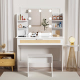 English Elm Vanity Desk Set Stool & Dressing Table With Led Lighting Mirror Drawer and Compartments Modern Wood Cosmetic Table Chest Of Drawers White Color