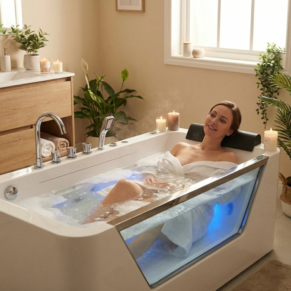 English Elm 67" Whirlpool Soaking Tub with Tempered Glass Apron Chromatherapy Jets Acrylic Spa W3605P400539