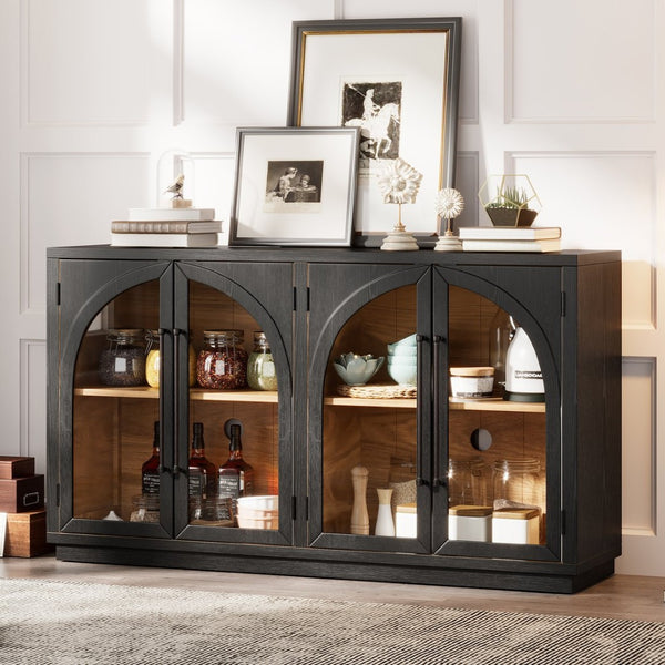 English Elm Trexm Arched Glass Door Buffet Sideboard Oak Veneer Storage Cabinet for Dining Room Black XW000021AAB-2026