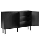 English Elm Minimalist Shoe Cabinet With 5 Solid Wood Legs, Cream Style Sideboard Buffet Cabinet With Fluted Doors, Large 4-Door Storage Cabinet With Adjustable Shelves For Living Room, Black, 55.1*13.7"