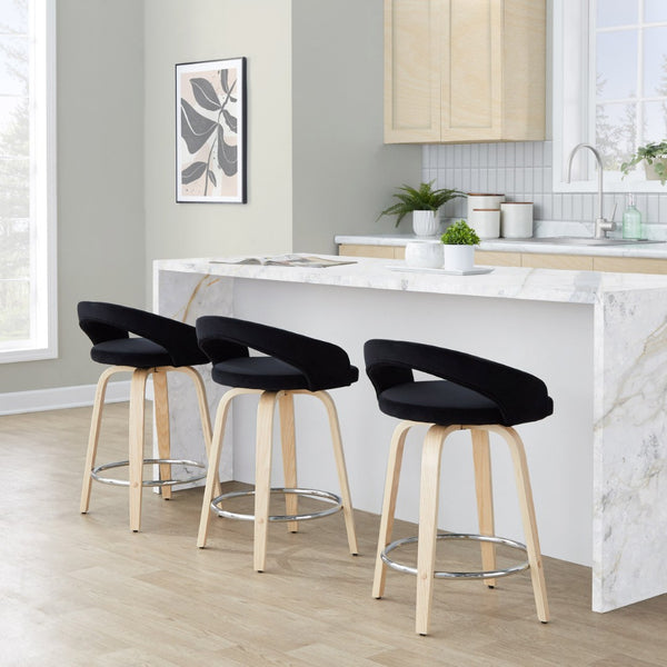 English Elm Fixed-height Swivel Counterstools with Velvet Seats Bent Wood Legs Chrome Footrest Set of 2 B202S01763