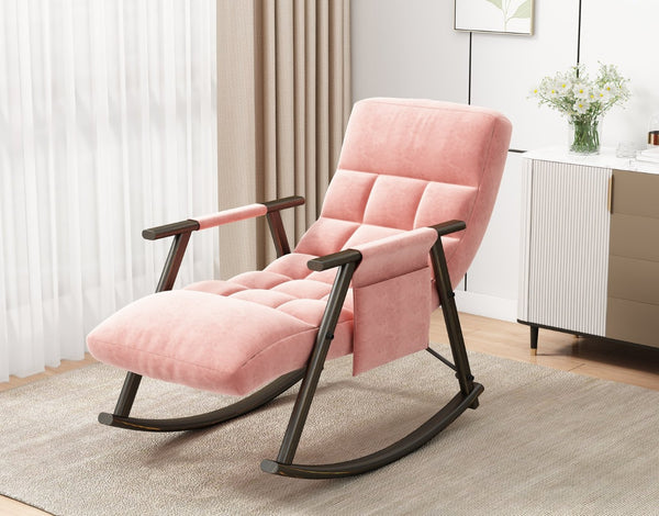 English Elm 42"l Folding Rocking Chair Iron Frame Cushioned High Back Adjustable Footrest Lounge W1669P163323