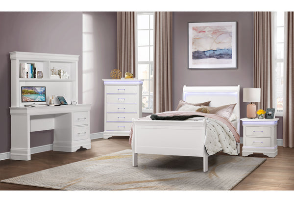 English Elm CHARLSTON Solid Wood Full Sleigh Bed with LED Headboard, Transitional Panel Design, Durable Finish White 78.15 L x 7.87 W x 4.92 H B201S00009