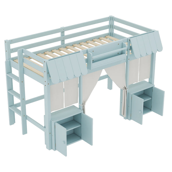 English Elm Twin Loft Bed Cottage-Style Playhouse with Built-In Bookshelf, Curtain & Storage, Safe Guardrails Light Blue W1580S00357