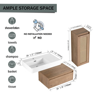 English Elm 30 Inch Wall-Mounted Bathroom Vanity With Soft-Close Drawer & Resin Sink, Space-Saving Design W999S00348
