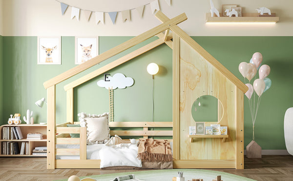 English Elm Twin House Bed Low Profile Pine Wood Frame with Shelf Montessori Kids Floor Sleeping Natural W5305P429643