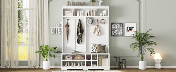 English Elm Modern Entryway Hall Tree with Six Hooks Bench Seat and Open Shoe Cubbies White W1580S00617