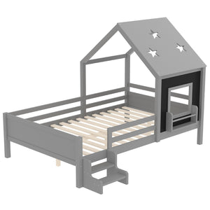 English Elm Full Bunk Bed with Trundle Bookshelf Storage Pine Frame Car Design for Kids Gray W1580S00296