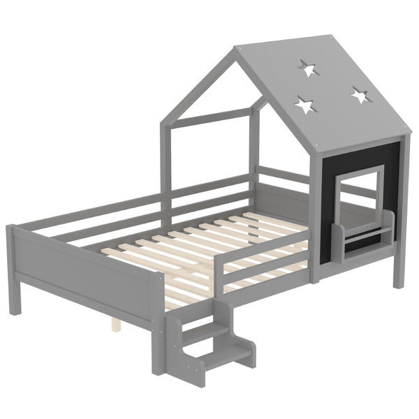 English Elm Full Bunk Bed with Trundle Bookshelf Storage Pine Frame Car Design for Kids Gray W1580S00296