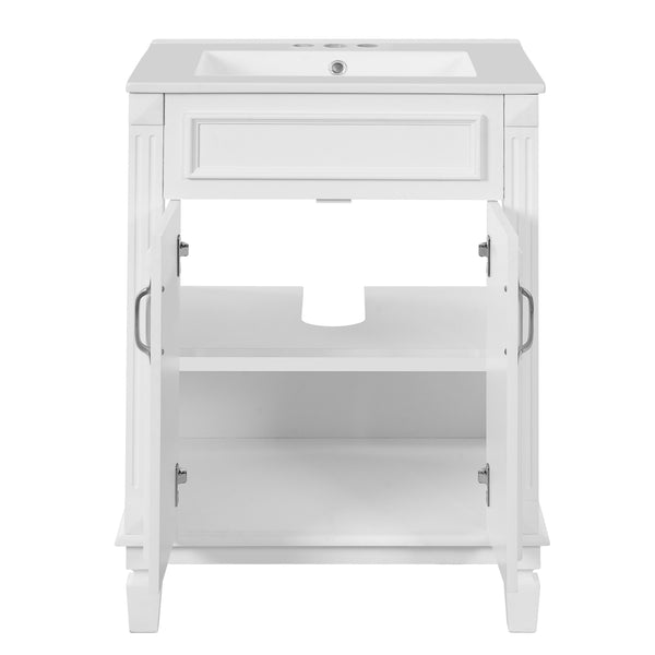 English Elm 24'' Bathroom Vanity with Sink - Solid Wood Frame, Glossy Ceramic Basin, Soft-Close Doors & Ample Storage Elegant Modern Design, Durable MDF Construction, Retro Metal Handles, Compact 24-inch Cabinet White N710P317675K