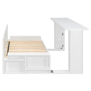 English Elm Full Size Daybed with Hydraulic Desk Armrests Storage Drawer and Sofa Seating White LT000271AAK