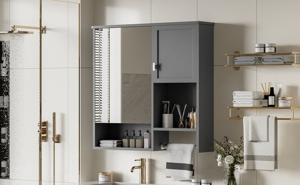 English Elm 29'' Wall Mounted Bathroom Cabinet with Mirror Towel Bar and Adjustable Shelving N710P209440E