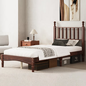 English Elm Twin Rubberwood Platform Bed Gourd Headboard Retro Bohemian Bedroom Slat Base Walnut N733P427029D