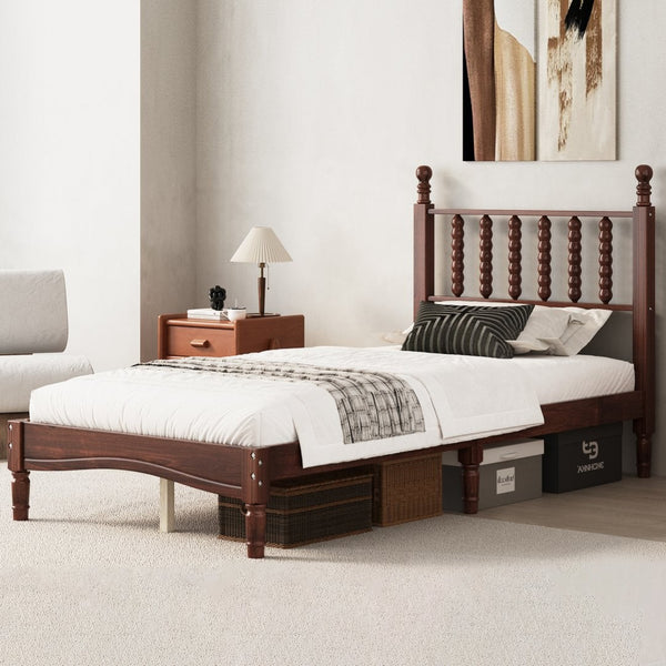 English Elm Twin Rubberwood Platform Bed Gourd Headboard Retro Bohemian Bedroom Slat Base Walnut N733P427029D