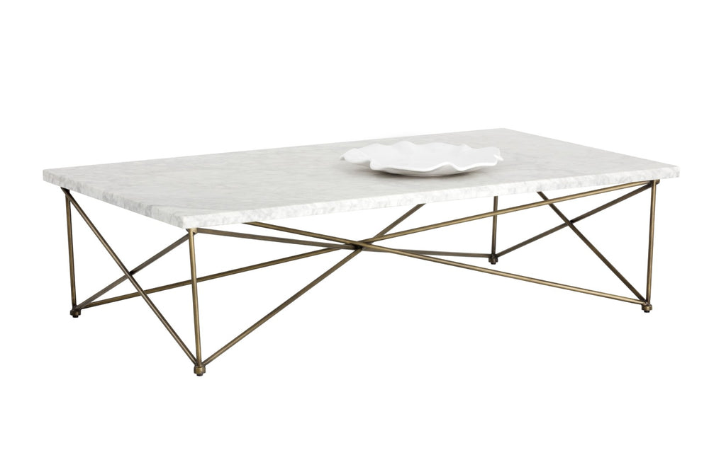 Sunpan SKYY Marble Coffee Table - Elegant Rectangular Design with Antique Brass Base for Modern Spaces 102387