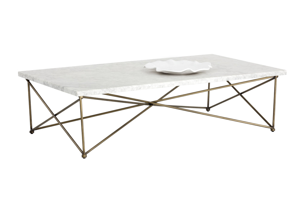 Sunpan Skyy Coffee Table - Elegant Carrara Marble Design with Antique Brass Frame for Modern Spaces Rectangular - 55W x 31.5D x 15H