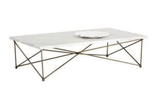Sunpan Skyy Coffee Table - Elegant Carrara Marble Design with Antique Brass Frame for Modern Spaces Rectangular - 55W x 31.5D x 15H