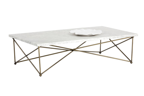 Sunpan Skyy Coffee Table - Elegant Carrara Marble Design with Antique Brass Frame for Modern Spaces Rectangular - 55W x 31.5D x 15H