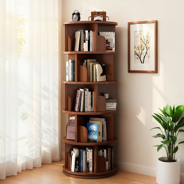 English Elm 5 Tier Rotating Bookshelf Tower with 360° Spin, Space-Saving Corner Display, Modern MDF Storage Unit Walnut W3204P355670